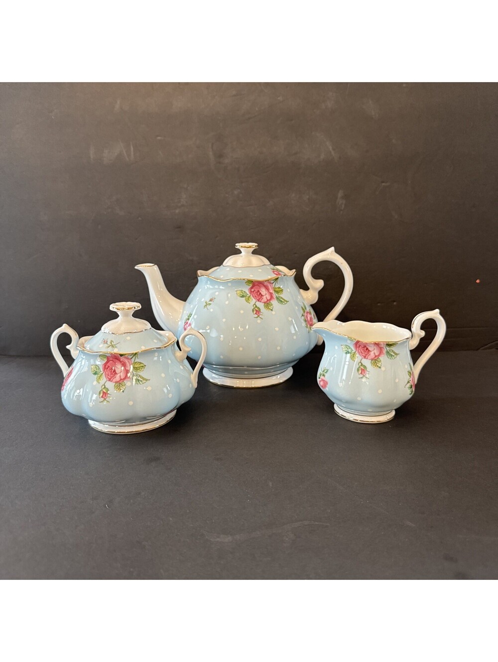 Royal Albert Polka Blue Tea Set 3 Piece Tea Pot Sugar And Creamer Gorgeous